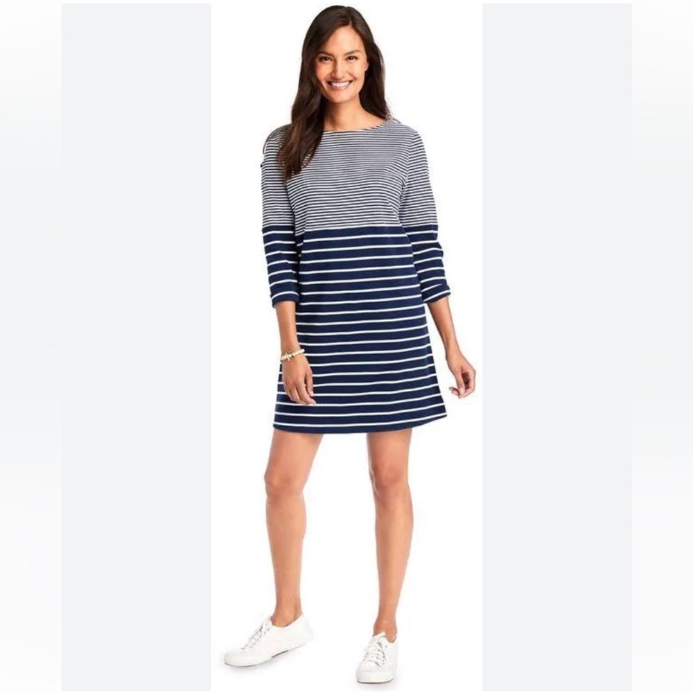 Vineyard Vines Long Sleeve Mixed Stripe Knit Dress Deep Bay Navy Blue White XS